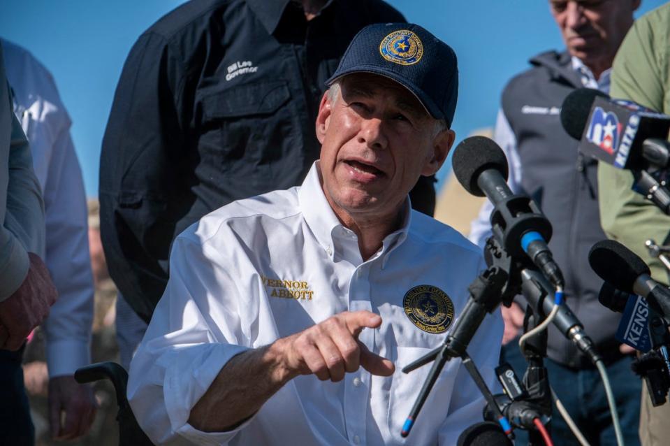 Texas Governor Greg Abbott holds a press conference at Shelby Park in Eagle Pass, Texas, on February 4, 2024 (AFP via Getty Images)