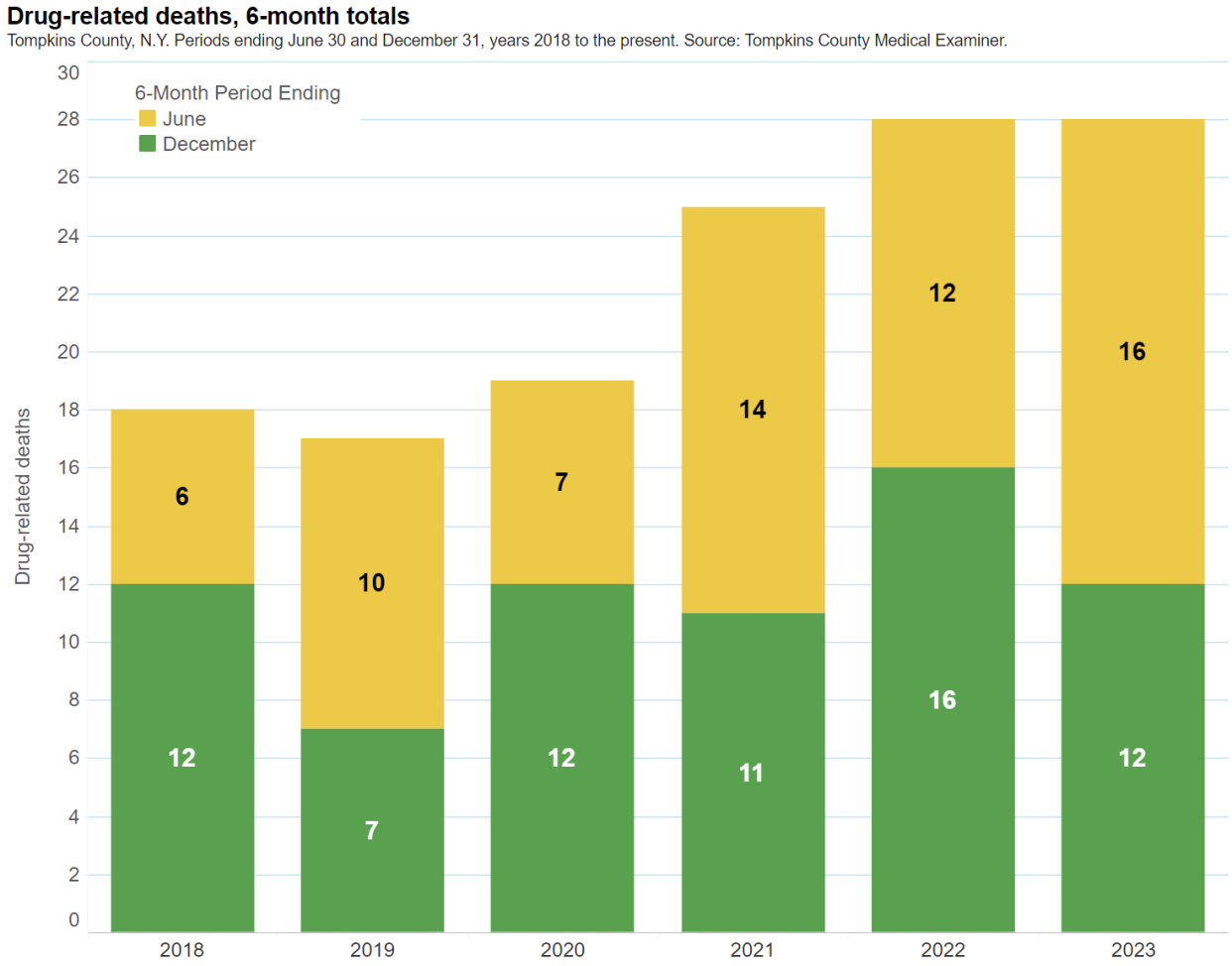 A bar graph showing opioid overdose deaths in Tompkins County by 6-month period.