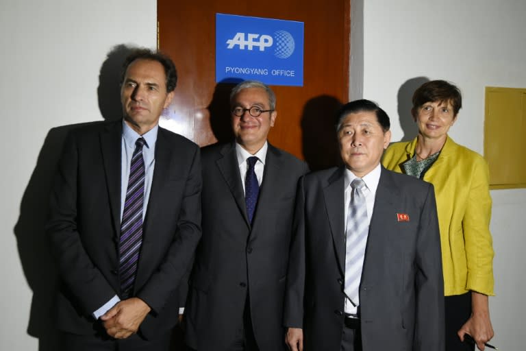 (L-R) AFP's Regional Director for Asia-Pacific Philippe Massonnet and Chief Executive and Chairman Emmanuel Hoog stand with Korean Central News Agency President Kim Chang-Gwang and AFP's Global News Director Michele Leridon in Pyongyang Global news agency AFP has opened a bureau in North Korea, becoming one of only a handful of foreign media organisations to have a permanent presence in the one of the world’s most isolated states. The Agence France-Presse office in Pyongyang, which was inaugurated late on September 6, will primarily file videos and photos to its thousands of clients around the world