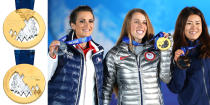 <p>The 2014 Olympic medal design was inspired by the mountains and beaches of Sochi, Russia.<br>(IOC photo; France’s Marie Martinod, USA’s Maddie Bowman, Japan’s Ayana Onozuka with their medals/photo by Quinn Rooney/Getty Images) </p>