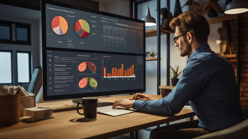 A marketing manager looking at the data dashboard of a marketing automation software showing successful campaign results.