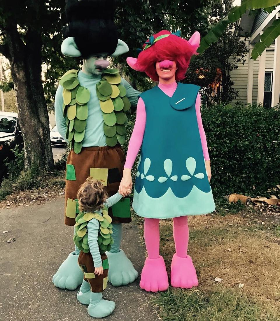 <p>The superstar duo and their son Silas went all out as Branch, Poppy, and "Lil' Branch" in 2016. That same year, Timberlake voiced the green character in <em>Trolls</em>. <br></p>