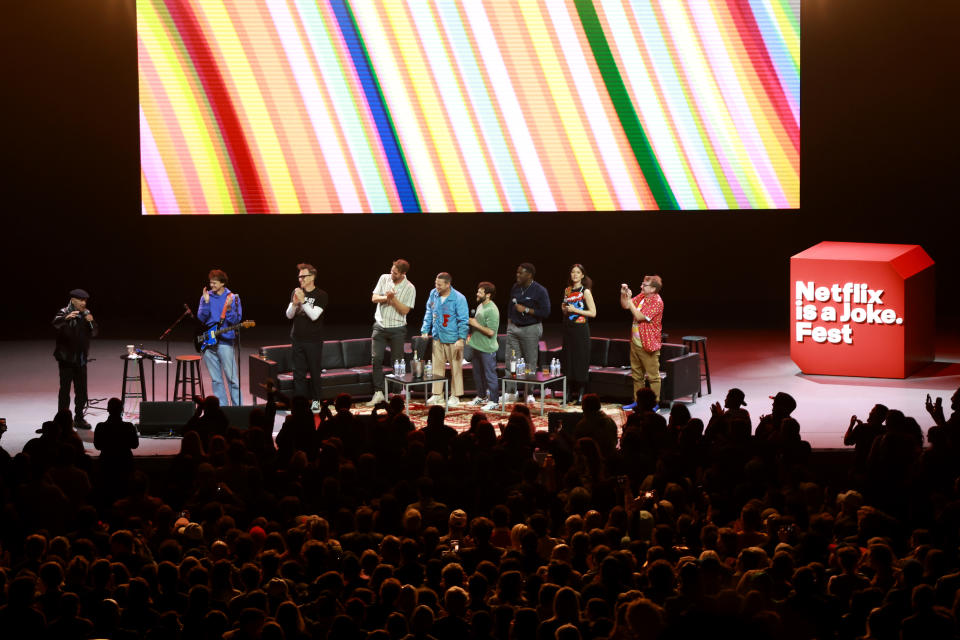 LOS ANGELES, CALIFORNIA - MAY 11: (L-R) Biff Wiff, Whitmer Thomas, Mark Hoppus, Brooks Wheelan, Tim Robinson, Zach Kanin, Sam Richardson, Patti Harrison and Bruce Buckles speak onstage during Netflix Is A Joke Festival: I Think You Should Leave With Tim Robinson Live! at The Greek Theatre on May 11, 2024 in Los Angeles, California. (Photo by Matt Winkelmeyer/Getty Images for Netflix)