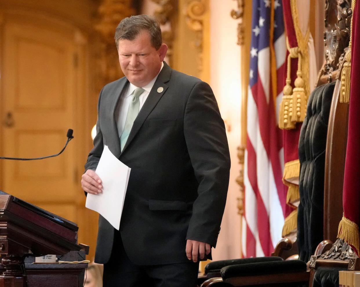 Ohio House Speaker Jason Stephens leaves the podium before the 2024 State of the State address at the Ohio Statehouse on Wednesday afternoon.