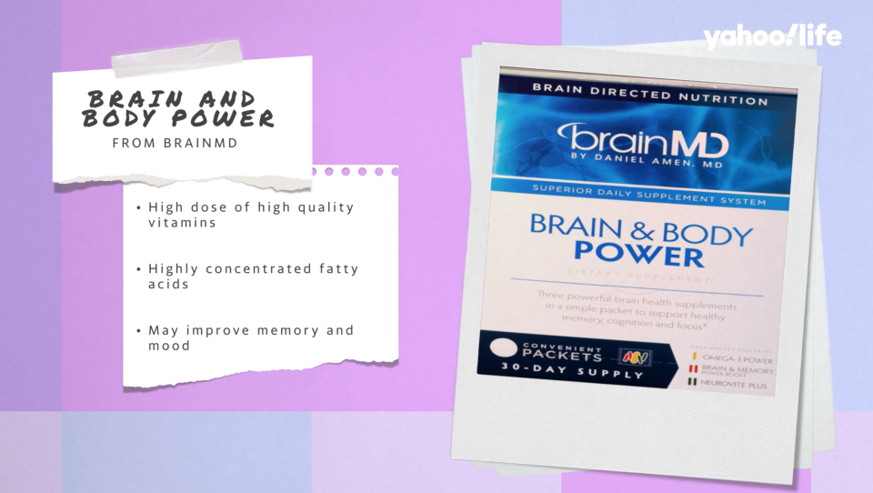 A box of the brainMD Brain and Body Power supplement along with bullets 