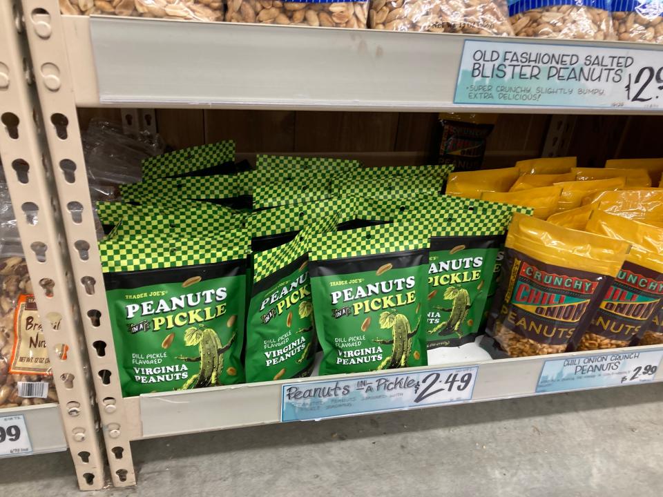 Pickle-flavored peanuts for sale at Trader Joe's.