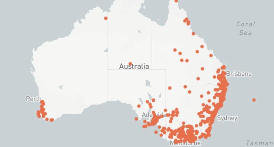 Map of Australia showing where house centipedes are found