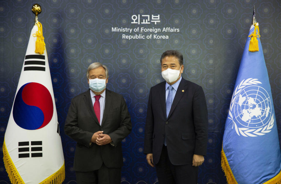 U.N. Secretary-General Antonio Guterres, left, and South Korean Foreign Minister Park Jin pose for a photo before their meeting at the Foreign Ministry in Seoul, South Korea, Friday, Aug. 12, 2022. (Jeon Heon-Kyun/Pool Photo via AP)