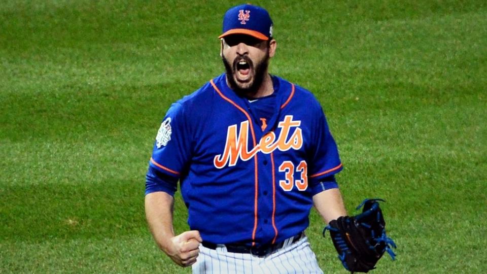 Nov 1, 2015;  New York City, NY, USA;  New York Mets starting pitcher Matt Harvey reacts after striking out the side in the fourth inning in game five of the World Series against the Kansas City Royals at Citi Field.