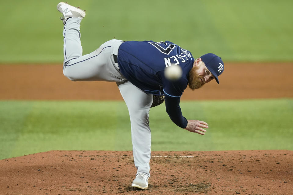 Tampa Bay Rays starting pitcher Drew Rasmussen throws during the third inning of the team's baseball game against the Miami Marlins, Wednesday, Aug. 31, 2022, in Miami. (AP Photo/Lynne Sladky)