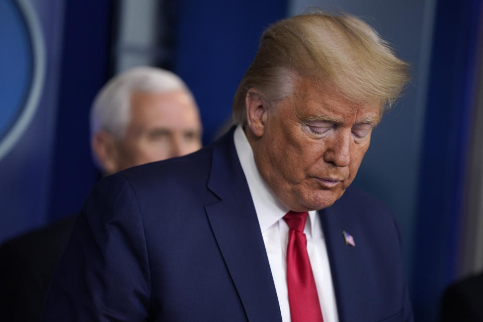 FILE - In this March 18, 2020, file photo President Donald Trump speaks during press briefing with the Coronavirus Task Force, at the White House in Washington. (AP Photo/Evan Vucci, File)