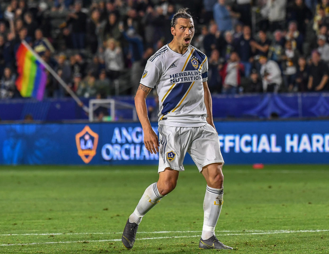 Zlatan Ibrahimovic celebrates for LA Galaxy (Photo by Shaun Clark/Getty Images) 