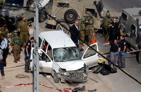 Israeli policemen inspect the scene of a car ramming attack near Hebron, in the occupied West Bank November 26, 2018. REUTERS/Mussa Qawasma