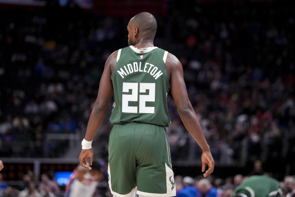 Khris Middleton hopes he can return for the postseason. (Photo by Nic Antaya/Getty Images)