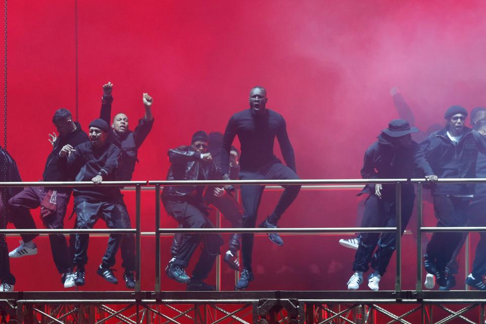 British grime and hip-hop artist Stormzy performs during the BRIT Awards 2020 ceremony and live show in London on February 18, 2020. (Photo by Adrian DENNIS / AFP) / RESTRICTED TO EDITORIAL USE  NO POSTERS  NO MERCHANDISE NO USE IN PUBLICATIONS DEVOTED TO ARTISTS (Photo by ADRIAN DENNIS/AFP via Getty Images)