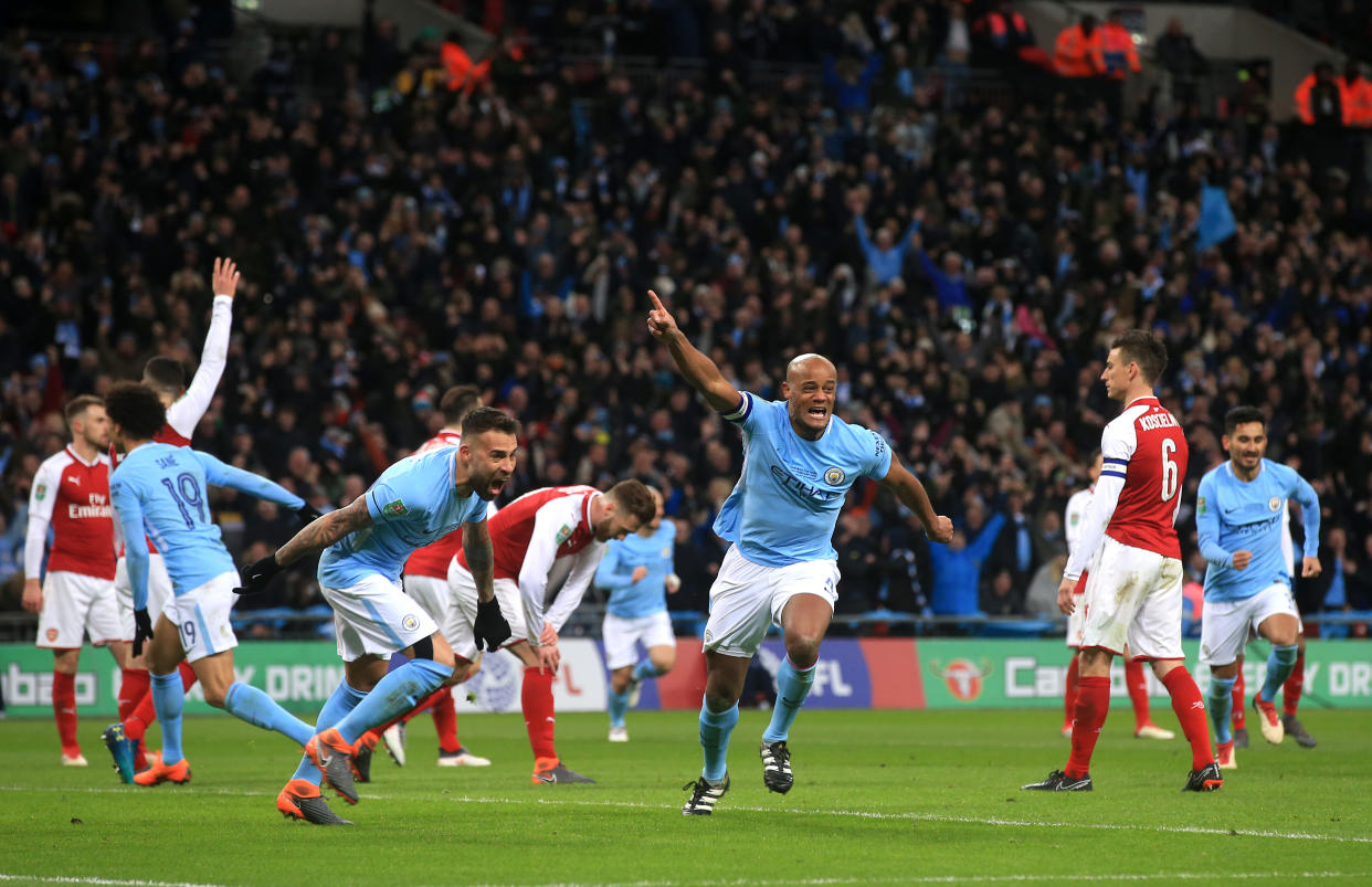 Vincent Kompany scored Manchester City’s second goal against Arsenal in the League Cup final. (Getty)