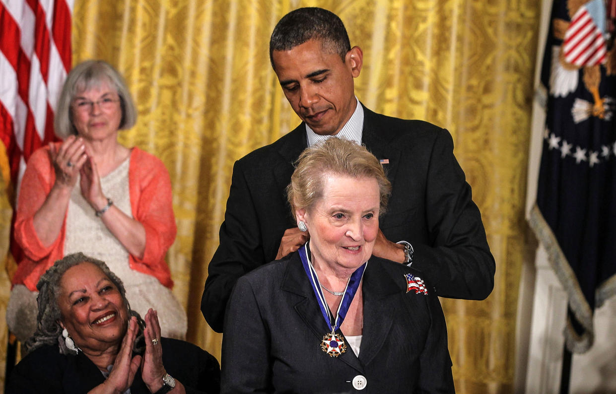 Former Secretary of State Madeleine Albright is presented with a Presidential Medal of Freedom by President Barack Obama during an East Room event May 29, 2012 at the White House. (Alex Wong / Getty Images file)