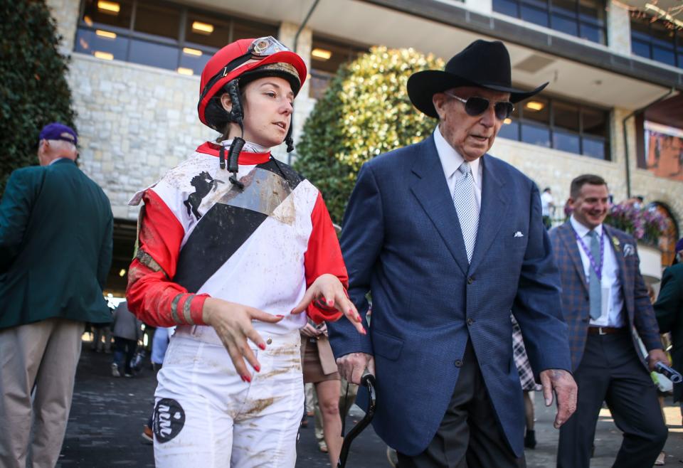 Trainer D. Wayne Lukas talks with jockey Mickaelle Michel after the second race of the Breeders' Cup World Championships at Keeneland in November 2022. Lukas trains 2024 Kentucky Derby contender Just Steel.