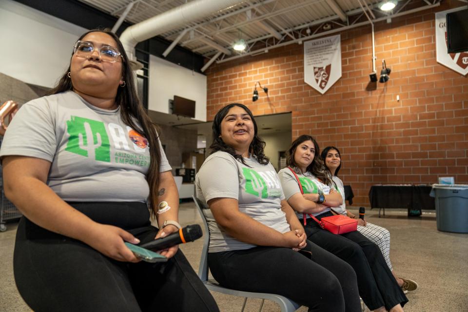 DACA recipients Blanca Collazo, Karime Rodriguez, Melissa Solis Hernandez and Mayte Sanchez (left to right) attend a celebration for the 11th anniversary of Deferred Action for Childhood Arrivals at Metro Tech High School in Phoenix on June 17, 2023.
