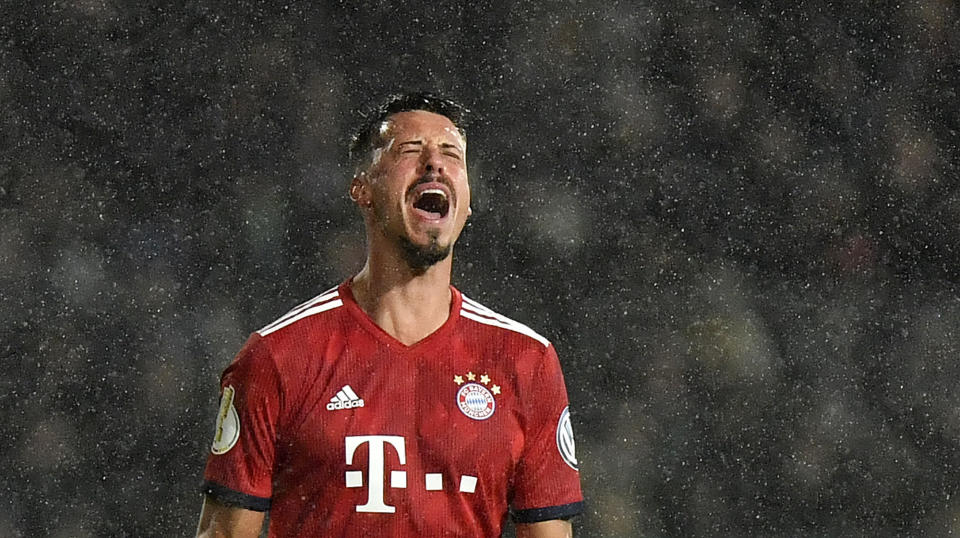 Bayern's Sandro Wagner reacts after scoring the opening goal during the German soccer cup, DFB Pokal, match between the 4th divisioner SV Roedinghausen and Bayern Munich in Osnabrueck, Germany, Tuesday, Oct. 30, 2018. Roedinghausen was defeated by Bayern with only 1-2. (AP Photo/Martin Meissner)