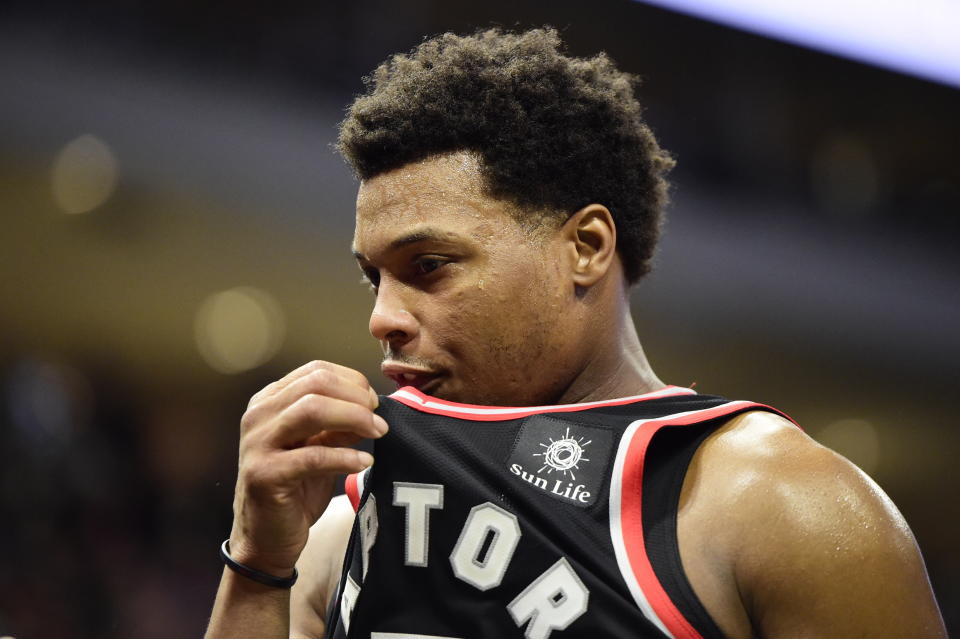 Toronto Raptors guard Kyle Lowry reacts late in the second half of Game 2 of the team's NBA basketball playoffs Eastern Conference finals against the Milwaukee Bucks, Friday, May 17, 2019, in Milwaukee. (Frank Gunn/The Canadian Press via AP)