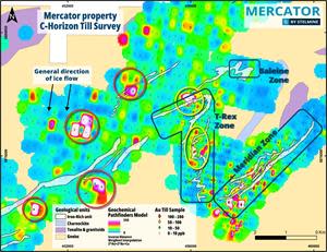 Detail of Meridian-T-Rex areas, and western extensions. Taking into account the different sample spacings for the different areas (the spacing for Meridian and T-Rex being tighter), the geochemical responses for the new targets are comparable to those at T-Rex and Meridian, the latter with known gold mineralization.