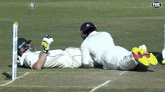 Saha pulled off a crunching tackle on Smith. Pic: Fox Sports