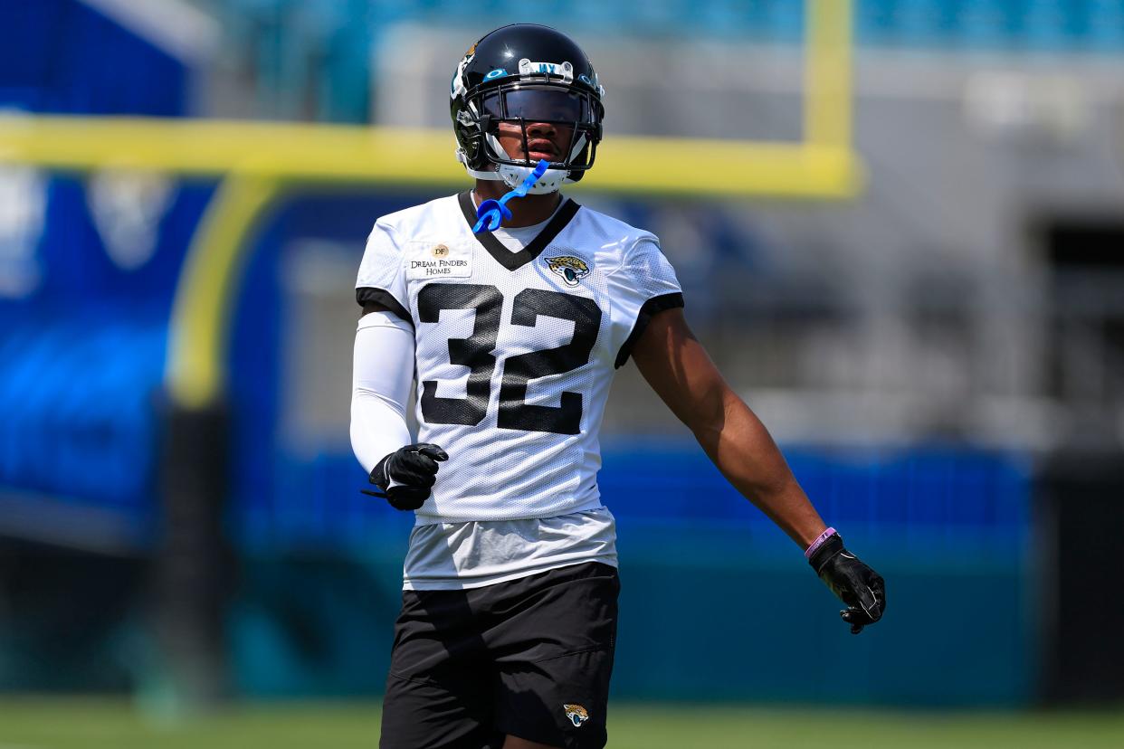 Jacksonville Jaguars cornerback Tyson Campbell (32) looks on during an organized team activity Tuesday, May 30, 2023 at TIAA Bank Field in Jacksonville, Fla. 