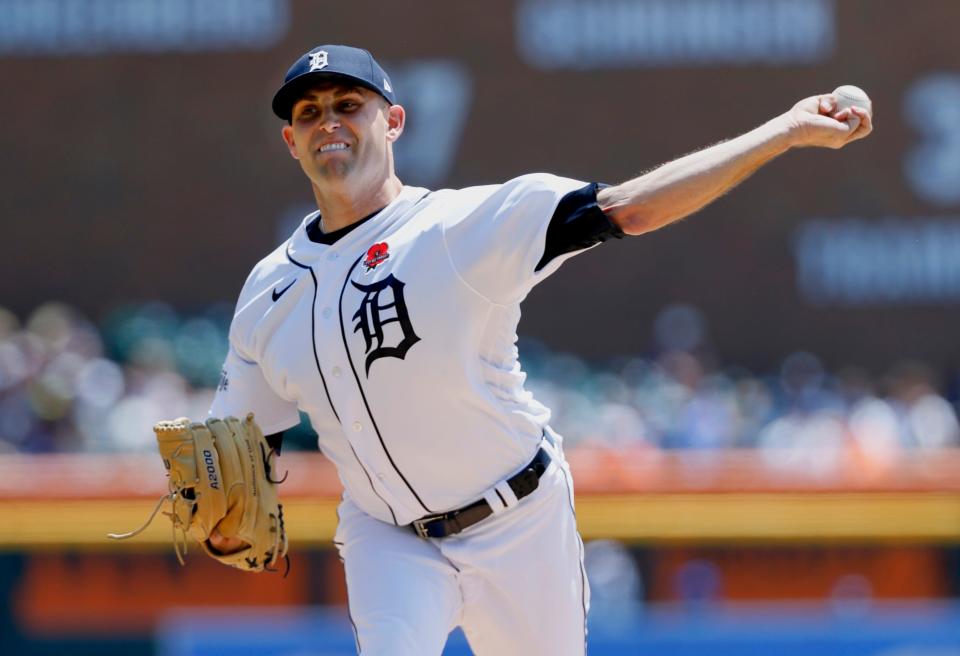 Detroit Tigers' Matthew Boyd pitches against the Texas Rangers during the second inning of a baseball game at Comerica Park on Monday, May 29, 2023, in Detroit.