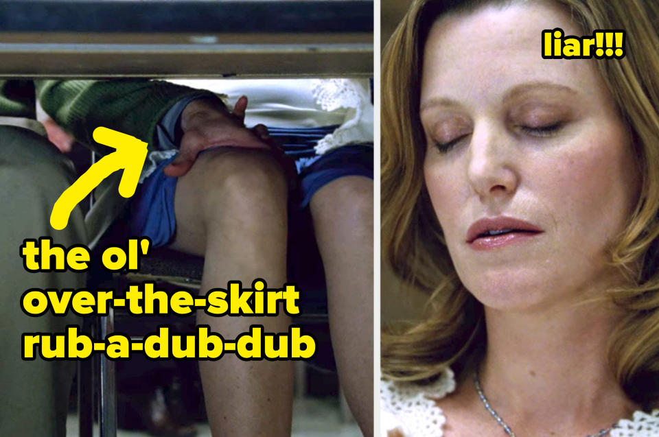 The left image is of Walt rubbing Skyler's thigh and the caption calls it "the ol' over-the-skirt rub-a-dub-dub." The right image is of Skyler moaning with pleasure and the caption calls her a liar