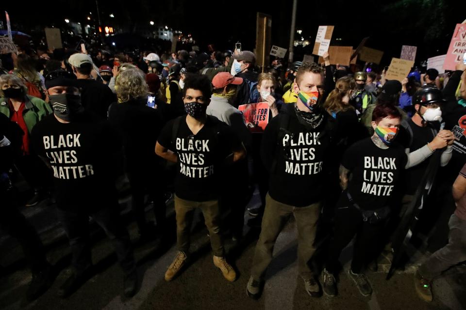 A group of military veterans outside the Mark O. Hatfield United States Courthouse during a Black Lives Matter protest in Portland, Oregon, on Friday.