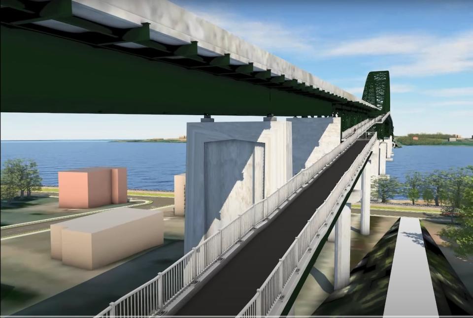 A screenshot from an animation showing the new sidewalk along the Centennial Bridge with a ramp rising from Water Street on the south side of the Miramichi River. 