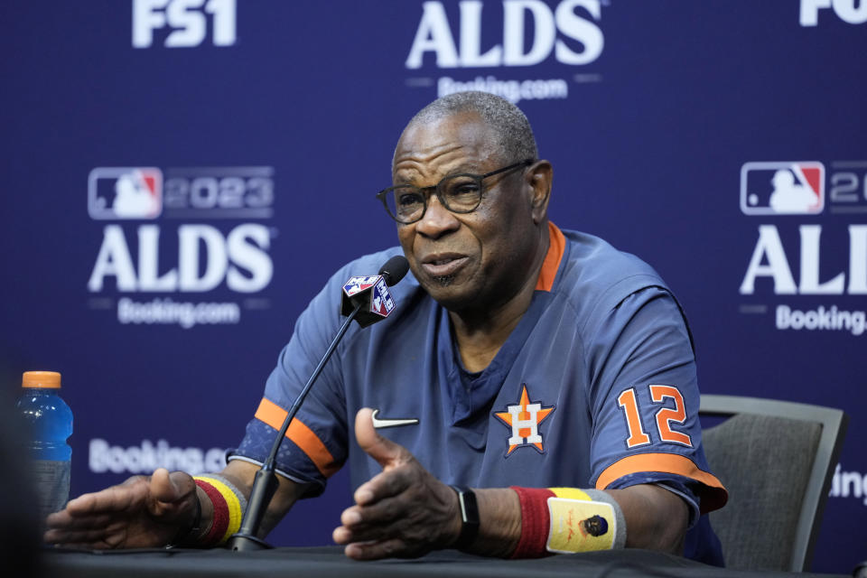 Houston Astros manager Dusty Baker Jr. answers a question during an ALDS news conference Friday, Oct. 6, 2023, in Houston. The Astros will host the Minnesota Twins in Game 1 of an ALDS series Saturday. (AP Photo/David J. Phillip)