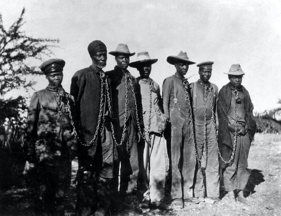 Captured Herero fighters in 1904. <a href="https://www.gettyimages.com/detail/news-photo/gefangene-hereros-1904-05identisch-mit-nr-in-lz-8-news-photo/545965213?adppopup=true" rel="nofollow noopener" target="_blank" data-ylk="slk:Ullstein Bild via Getty Images;elm:context_link;itc:0;sec:content-canvas" class="link ">Ullstein Bild via Getty Images</a>