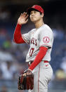 Los Angeles Angels pitcher Shohei Ohtani reacts during the first inning of the team's baseball game against the New York Yankees on Wednesday, June 30, 2021, in New York. (AP Photo/Adam Hunger)