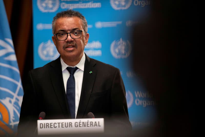 FILE PHOTO: WHO Director-General Tedros Adhanom Ghebreyesus speaks during the opening of the 148th session of the Executive Board in Geneva