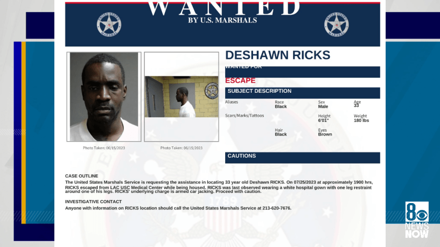 <em>A wanted poster for Deshawn Ricks from the U.S. Marshals Service. (X/KLAS)</em>