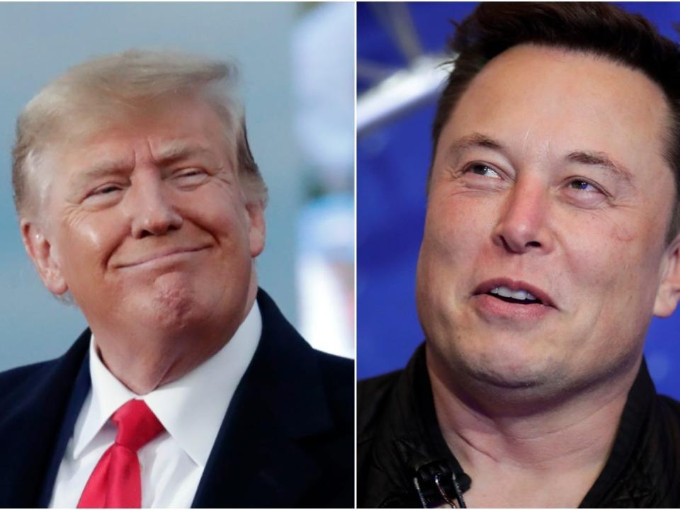 Former President Donald Trump smiles, left. Tesla CEO Elon Musk, right.
