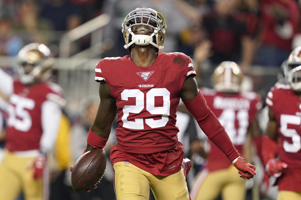 San Francisco 49ers strong safety Jaquiski Tartt (29) celebrates after recovering a fumble by Seattle Seahawks wide receiver D.K. Metcalf during the first half of an NFL football game in Santa Clara, Calif., Monday, Nov. 11, 2019. (AP Photo/Tony Avelar)