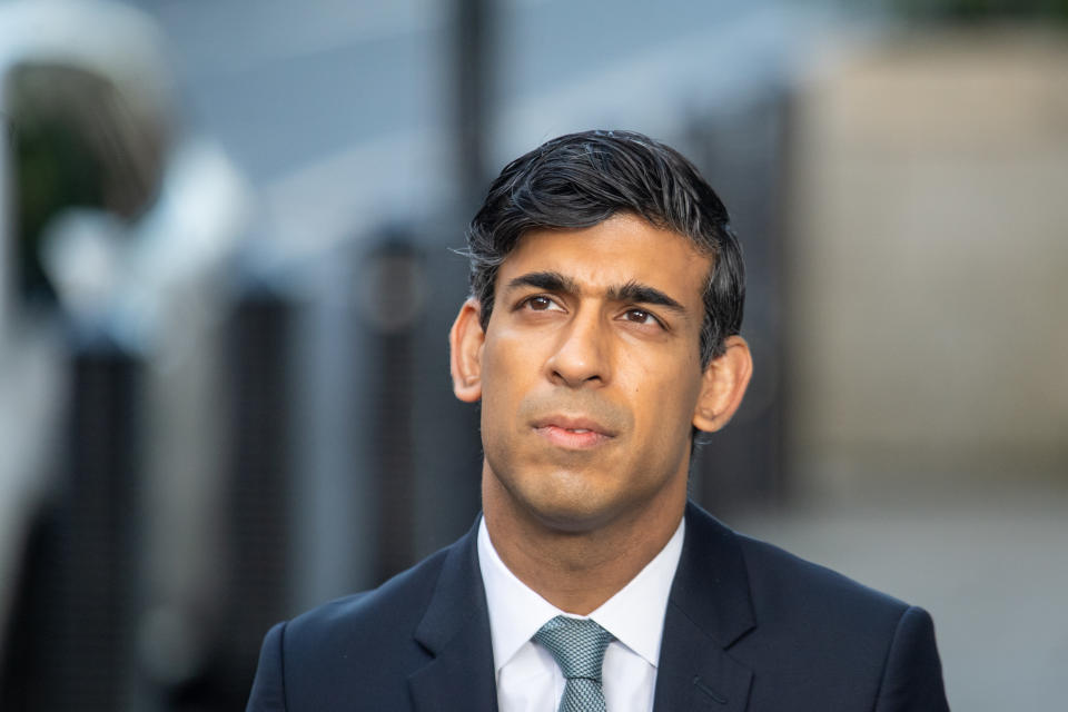 Chancellor of the Exchequer Rishi Sunak is interviewed via videolink for Sky News' Sophy Ridge on Sunday, outside BBC Broadcasting House in central London.