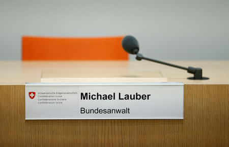 The name of Swiss Attorney General Michael Lauber is pictured before a news conference after its department's watchdog investigation on his private meetings with FIFA President Gianni Infantino, in Bern, Switzerland May 10, 2019. REUTERS/Denis Balibouse