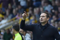 Chelsea's caretaker manager Frank Lampard reacts during the English Premier League soccer match between Wolverhampton Wanderers and Chelsea, at the Molineux Stadium, in Wolverhampton, England, Saturday, April 8, 2023. (AP Photo/Rui Vieira)
