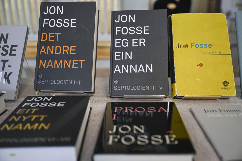 Books by Norwegian writer Jon Fosse are displayed at the Swedish Academy, shortly after the announcement of the Nobel Prize in Literature, at the Stock Exchange in Stockholm, Thursday, Oct. 5, 2023. The Nobel Prize in literature has been awarded to Fosse for “his innovative plays and prose, which give voice to the unsayable,” according to the Swedish Academy. (Pontus Lundahl/TT News Agency via AP)