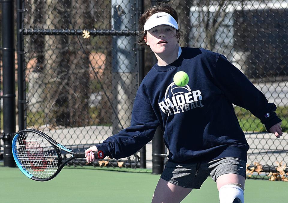 Somerset Berkley's Kori Tickel is shown here ready to hit a forehand shot during tennis practice.