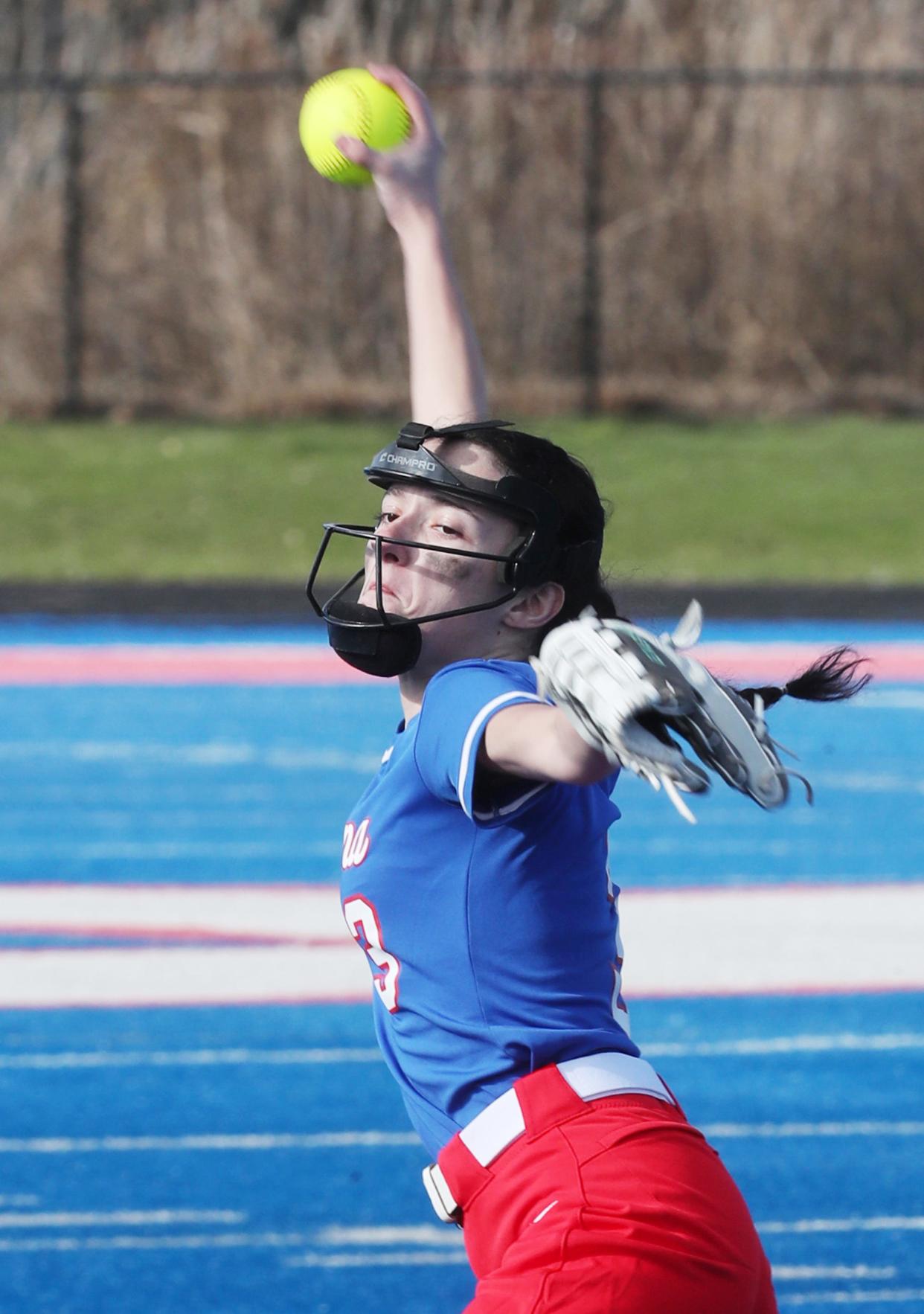 Ravenna's starting pitcher Whitney Holmes readies a pitch during their softball game against Streetsboro at Portage Community Bank Stadium in Ravenna on Thursday, March 28, 2024.