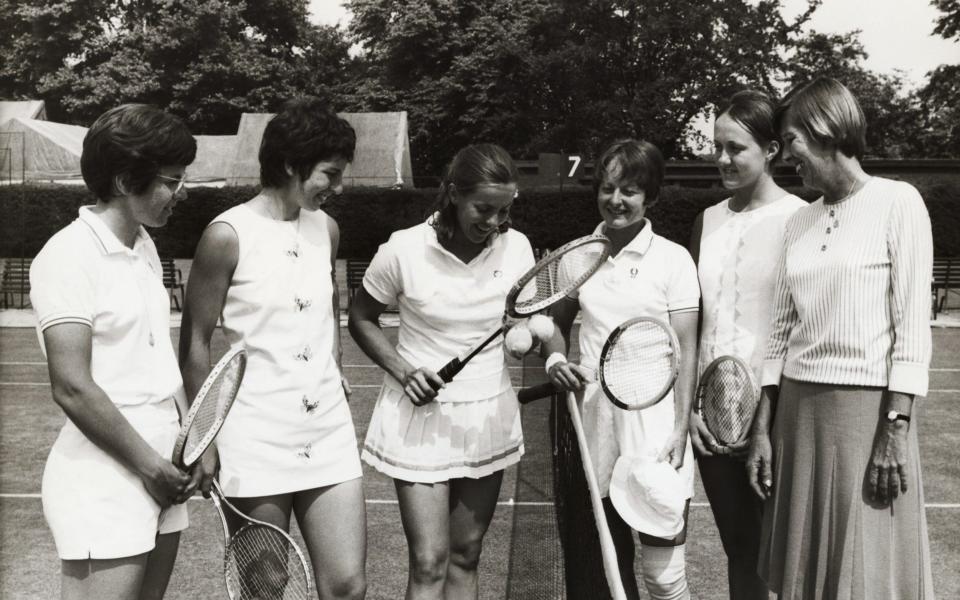 Members of America's Wightman Cup Team are pictured as they practiced at the All England Club at Wimbledon. - Bettman