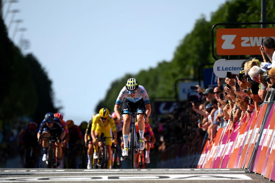 BLAGNAC FRANCE  JULY 28 Emma Norsgaard of Denmark and Movistar Team sprints at finish line to win the 2nd Tour de France Femmes 2023 Stage 6 a 1221km stage from Albi to Blagnac  UCIWWT  on July 28 2023 in Blagnac France Photo by Alex BroadwayGetty Images