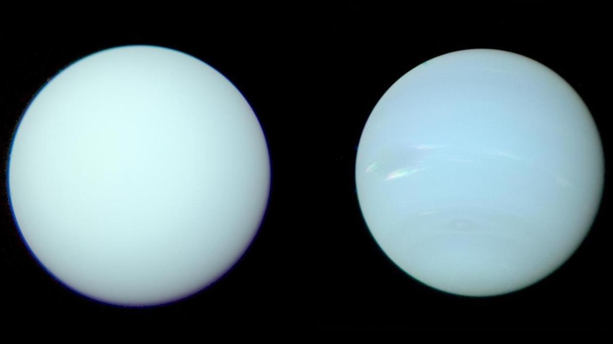  An image of Uranus on the left and Neptune on the right. They look almost indiscernible as they're both light blues. 