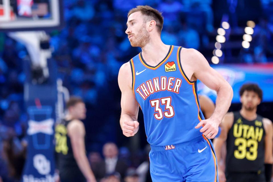 Thunder forward Gordon Hayward (33) runs up court after shooting a 3-pointer against the Jazz on March 20 at Paycom Center.