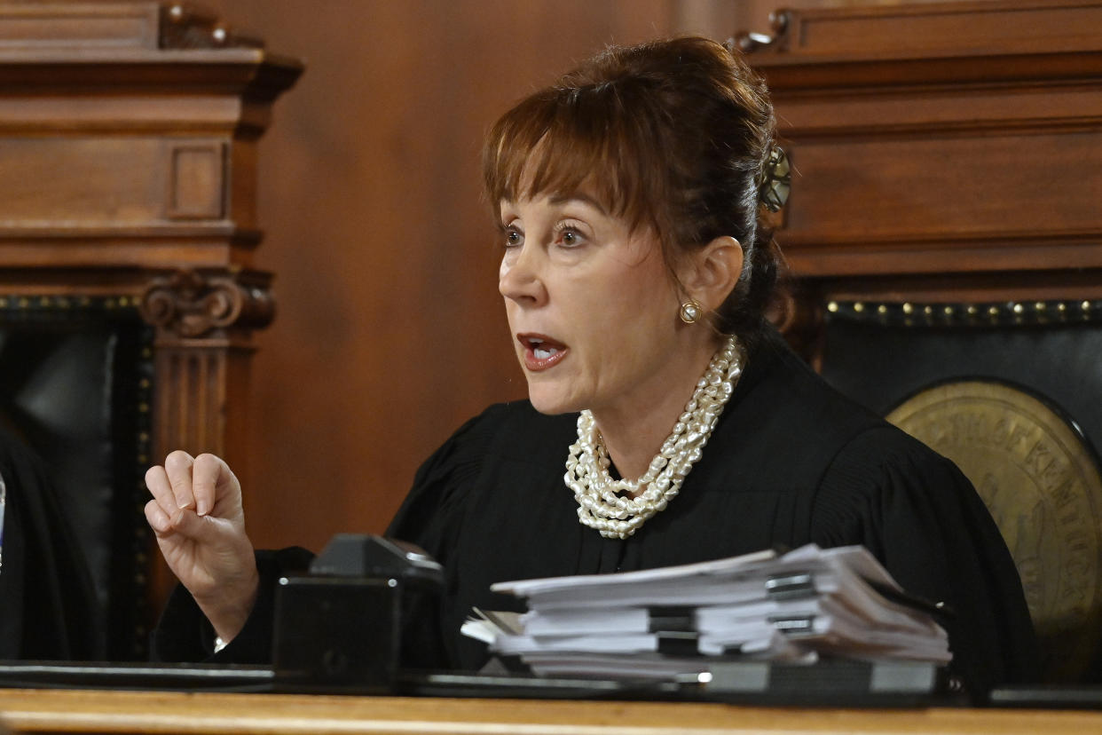 Kentucky Supreme Court Justice Michelle Keller asks a question during arguments before the court whether to temporarily pause the state's abortion ban in Frankfort, Ky., Tuesday, Nov. 15, 2022. (AP Photo/Timothy D. Easley)